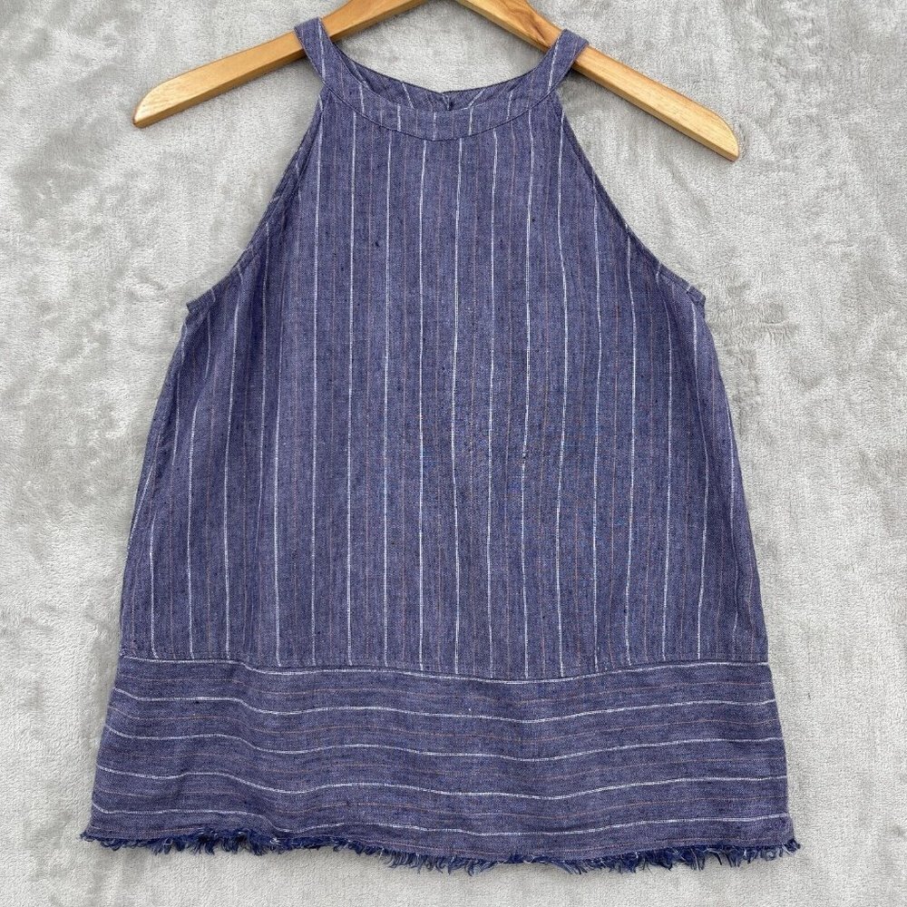 Pure Navy Saks 100% Linen Blue Stripe Raw Hem Back Button Blouse Tank